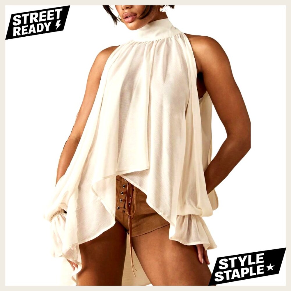 Chiffon Blouse Asymmetrical Split Bishop Sleeve S… - image 1